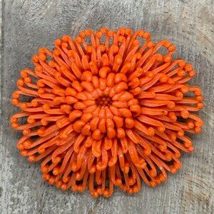 Vintage Soft Pinkish Coral Chrysanthemum Carved Plastic Brooch